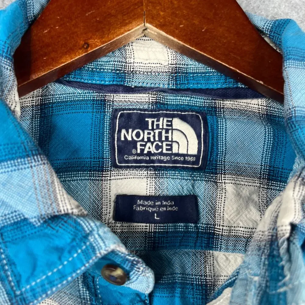 The North Face Shirt Teal White Check Casual Pocket Button Up Short Sleeve L